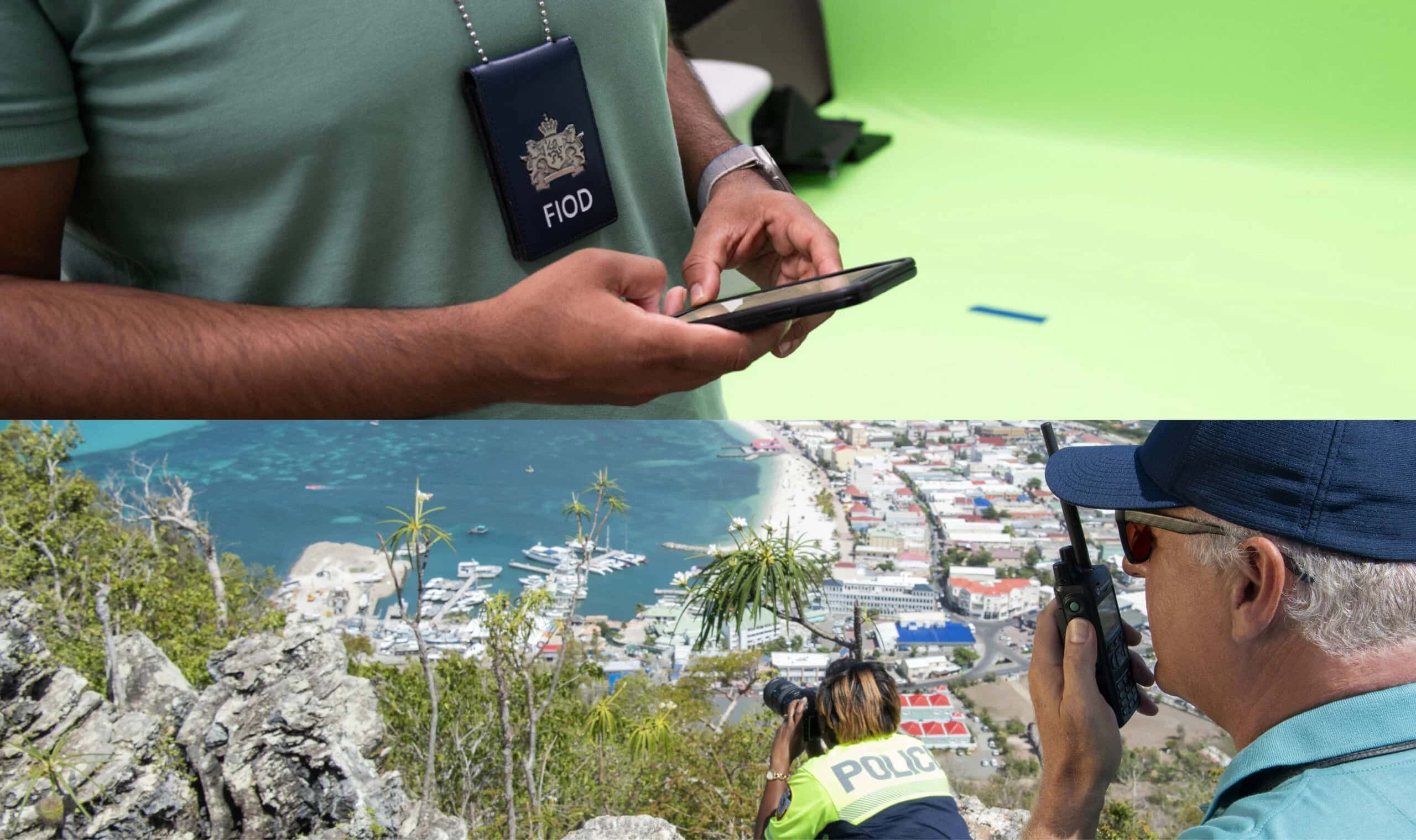 Een foto van een rechercheur op de telefoon en een agent met een portofoon. Bovenin staat het logo van de Rijksoverheid. Door de afbeelding is de tekst "Vizier op georganiseerde misdaad 2025" te lezen.
